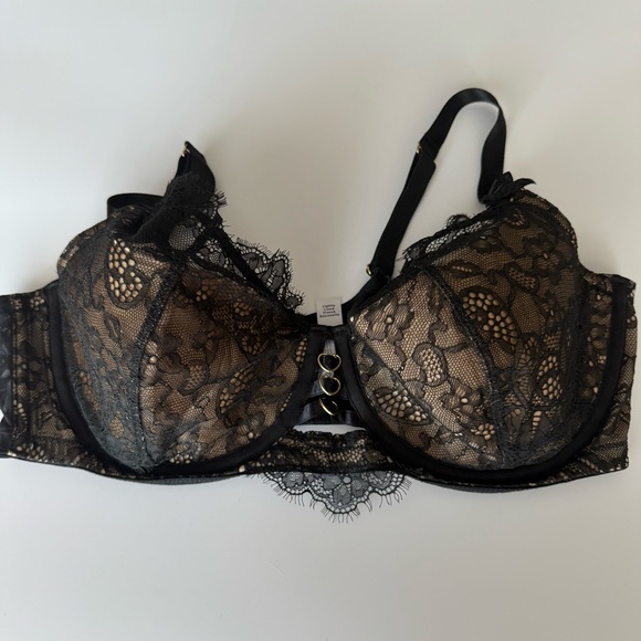Cacique lightly lined French balconette Bra size 42DD black lace nude - Picture 1 of 11